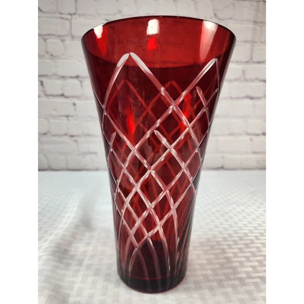 Ruby Red Bohemian Czech Cut to Clear Crystal Glass Vase Vibrant & Stunning!